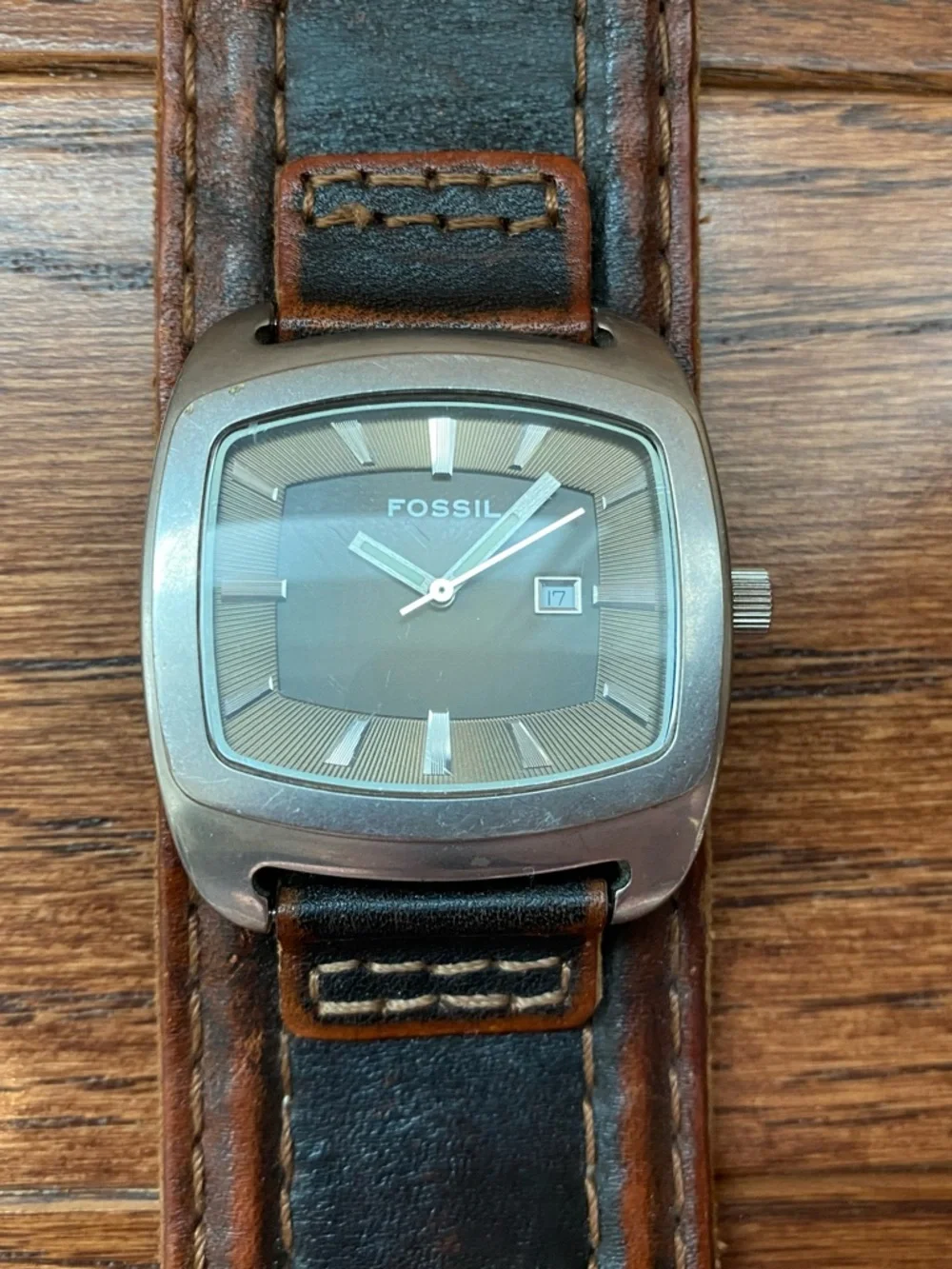 Fossil Brown Leather Wide Strap Watch with Stainless Square Case